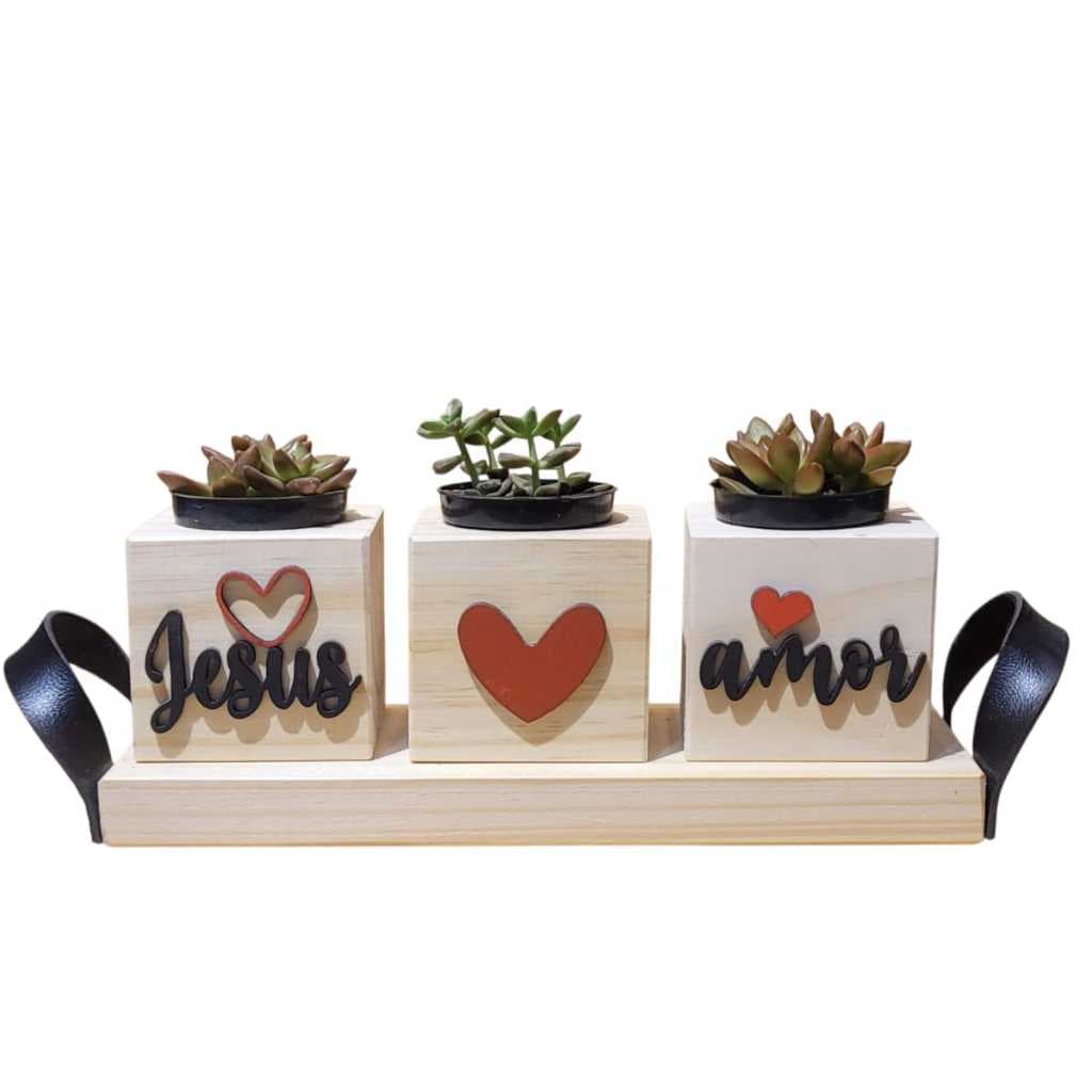 Vasinhos Decorativos Em Madeira Kit Com 3 Vasinhos + Bandeja