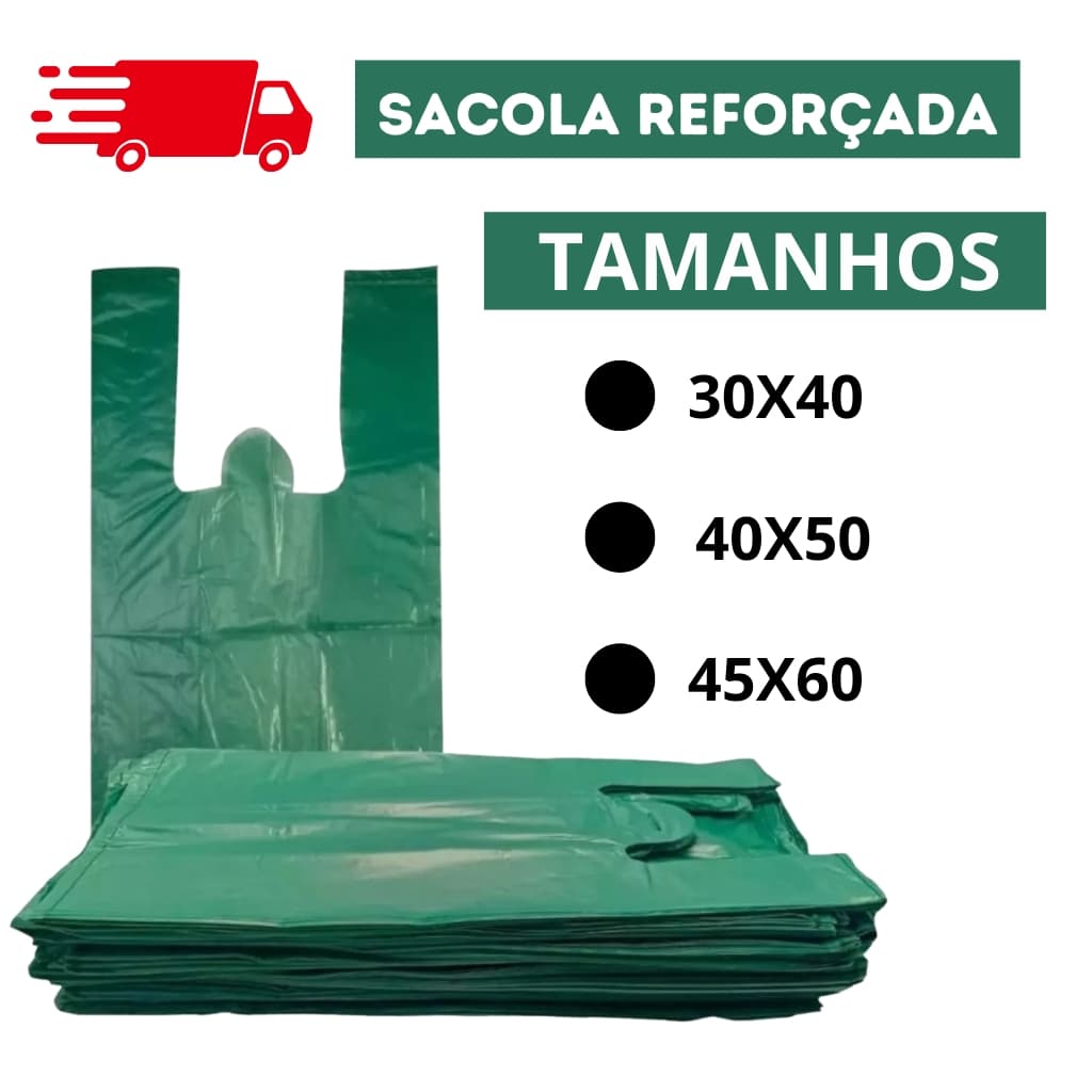 Sacola Plástica Reforçada Verde 30x40 40x50 45x60 Para Comercio Delivery Mercado Adega Construção
