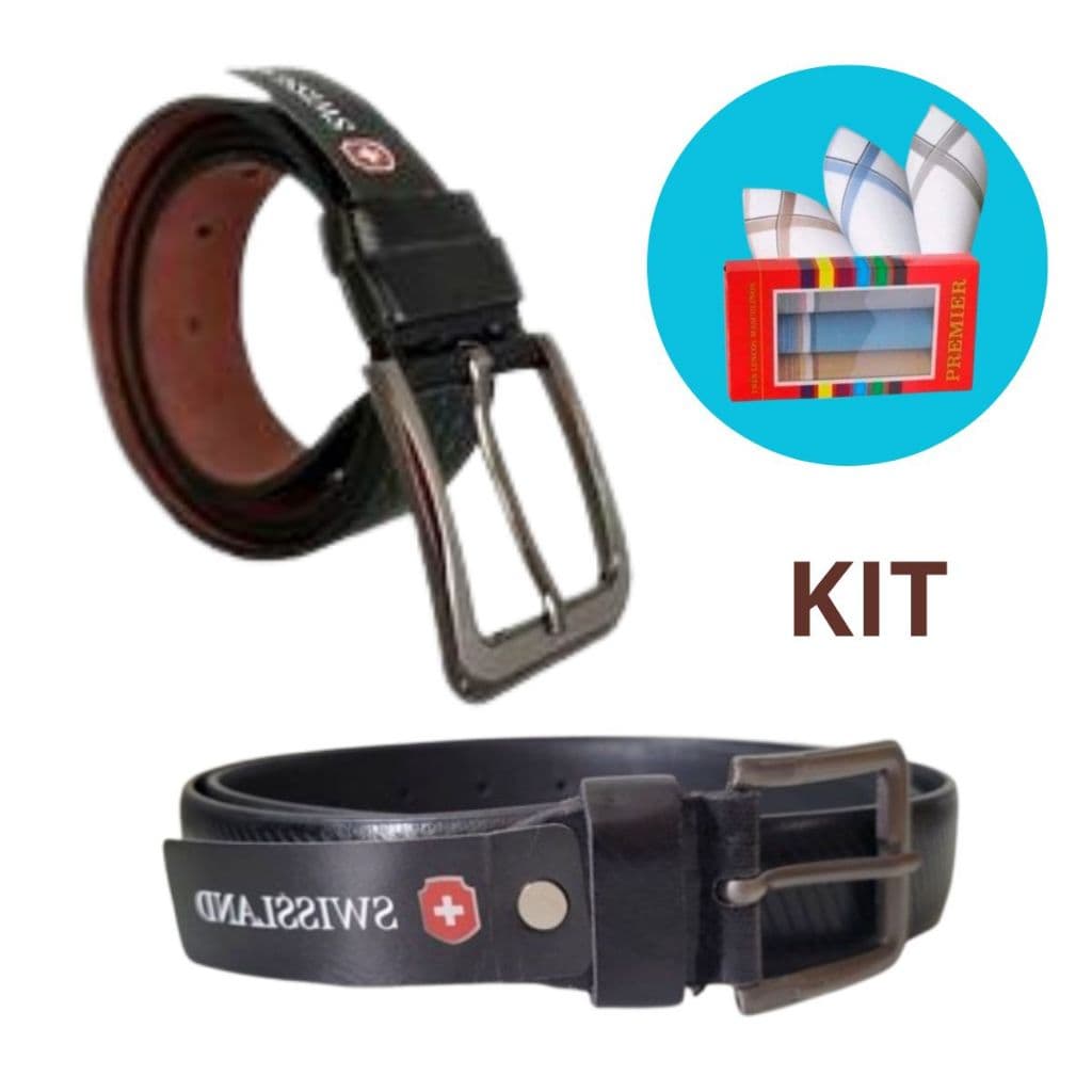 Cinto de couro Masculino com Lenços Masculinos De Bolso Kit 3 Unidades Caixa 32cm 100% Algodão