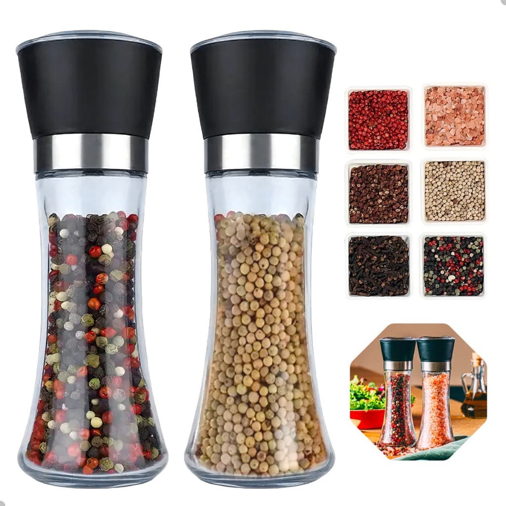 Conjunto de 2 Moedores de Temperos, Sal e Pimenta, Manual, Vidro e Aço Inox, 350g