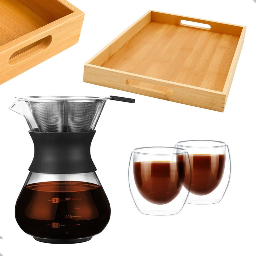 Conjunto Com Bandeja de Bambu, Cafeteira De Vidro Borossilicato Com Filtro Inox 400ml + 2 Copos Vidro Parede Dupla