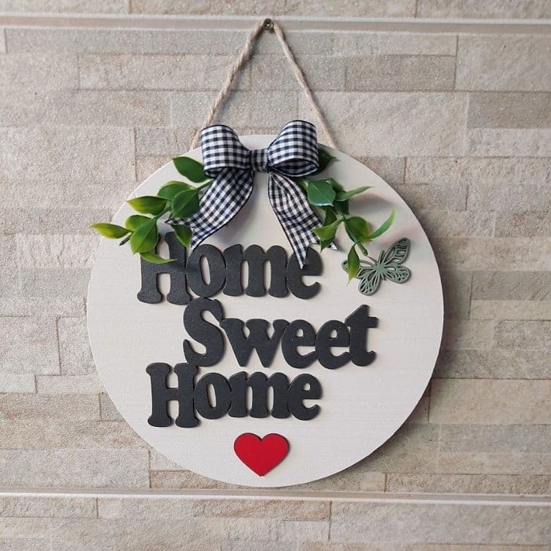 Placa decorativa em madeira " Home sweet Home " branca