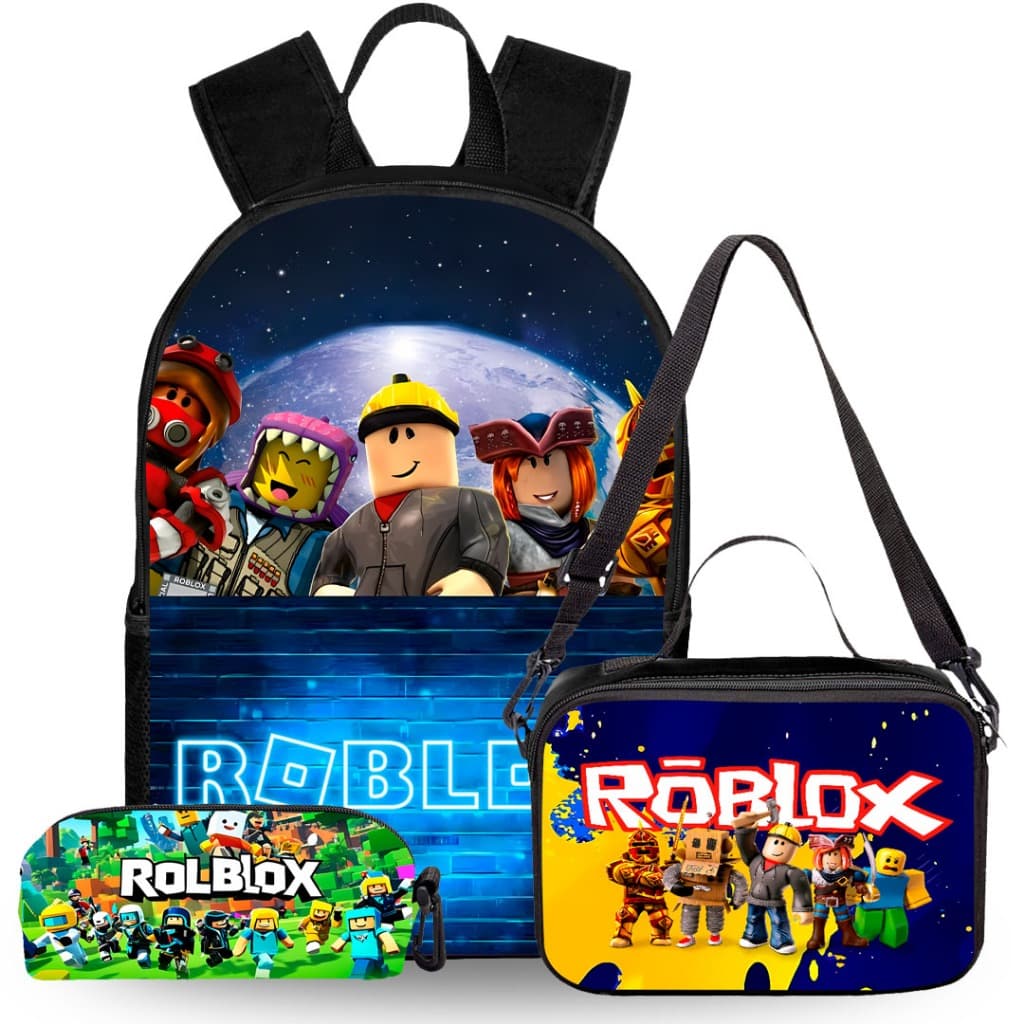 Kit Mochila Escolar Infantil Roblox Reforçada + Lancheira + Estojo com Costas Acolchoadas 25kg