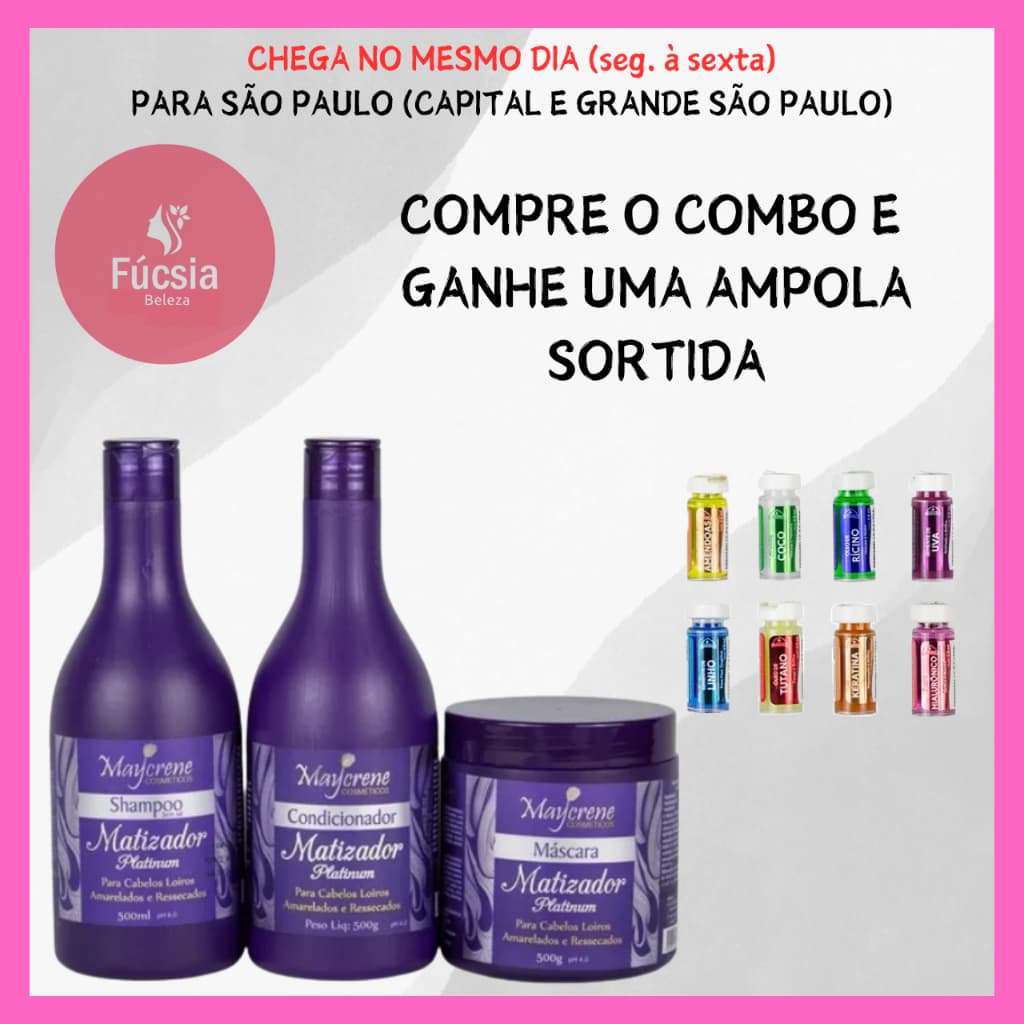 Kit Shampoo + Condicinador + Mascara Matizador + Ampola Platinum Loiros Maycrene Cosmeticos 500ml