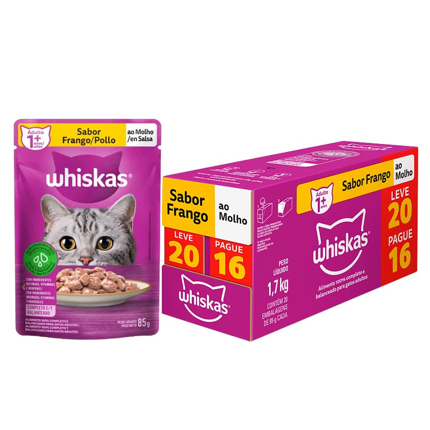 Kit Sachê Whiskas Ração Umida Gatos Adultos sabor Frango pague 16un e leve 20un de 85g