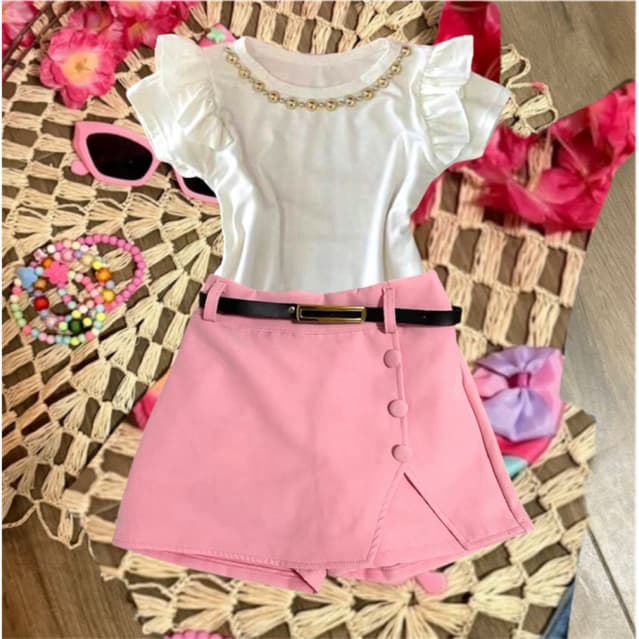 3 peças /conjunto alfaiataria,blusa + short saia +cinto infantil para meninas  tamanho 2/4/6/8/10/12/14