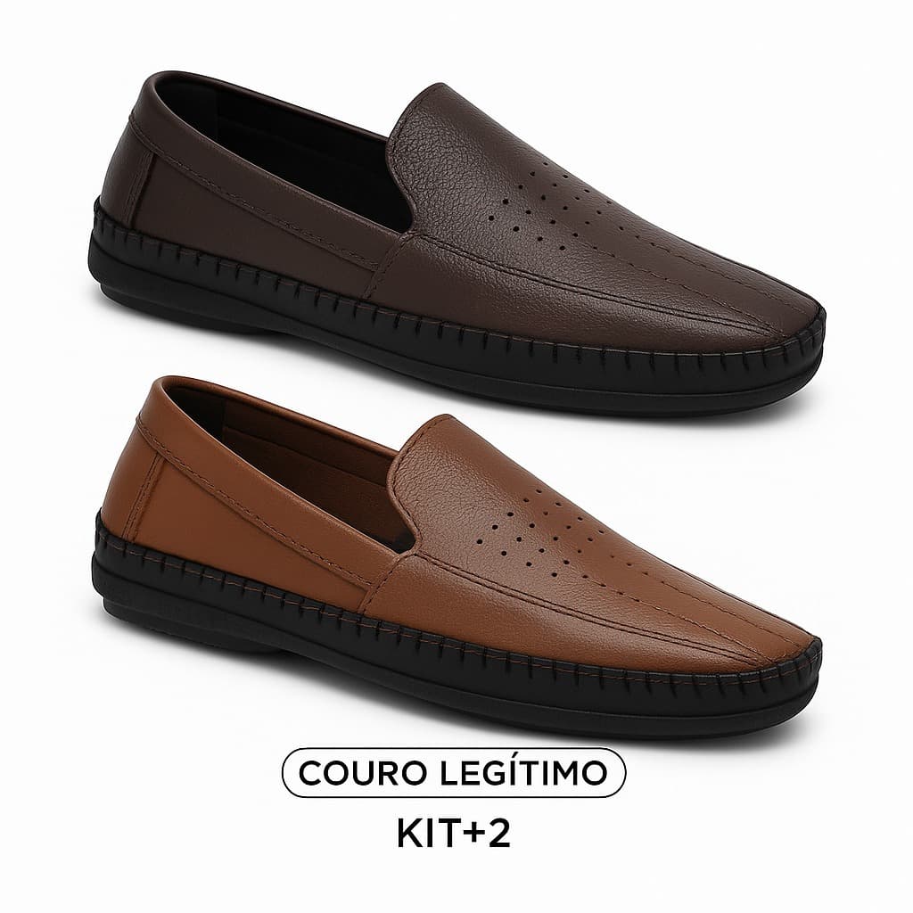KIT COM 2 PARES MOCASSIM SAPATO MASCULINO DRIVE COURO LEGITIMO COSTURADO SAPATILHA ORTOPÉDICO LEVE