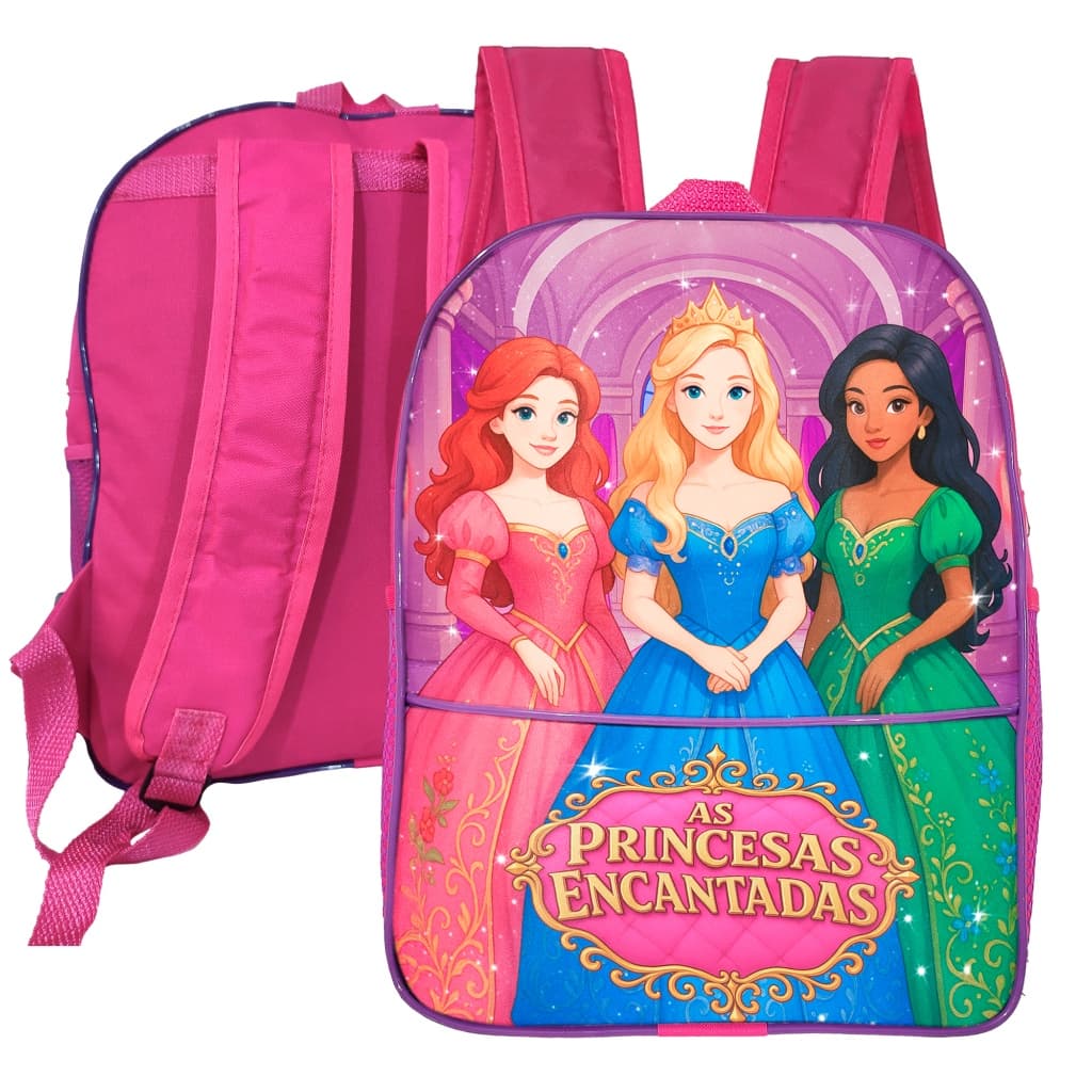 Mochila Bolsa Infantil Escolar Pequena Princesas Encantadas Rosa Alça Ajustável e Estampa Fofa