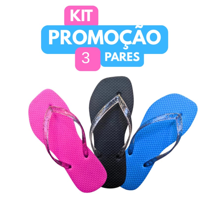 Kit 3 Pares Chinelo Feminino Correia transparente de Glitter Macio