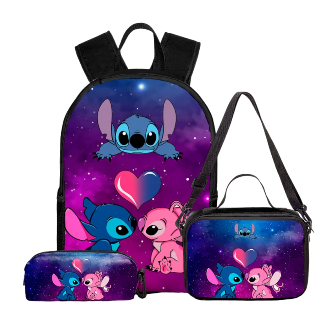 Kit Mochila Escolar Infantil Stitch Lilo Reforçada + Lancheira + Estojo com Costas Acolchoadas 25kg