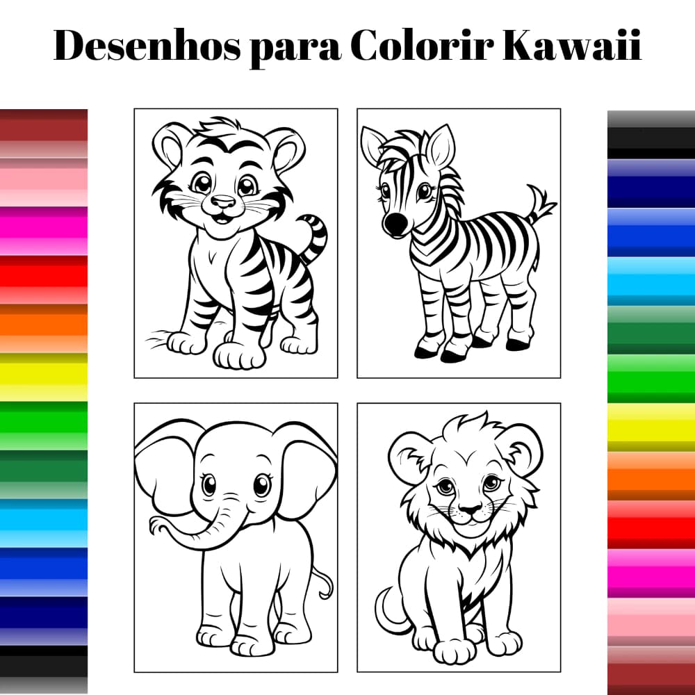 Kit 100 Desenhos para Colorir Animais kawaii - 2 em Cada Folha - Folhas soltas A4