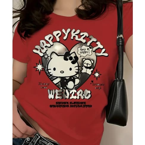 Camiseta Hello Kitty Retrô Kawaii T-Shirt Gatinha Fofa com Frase Divertida Look Casual e Versátil  Envio Imediato