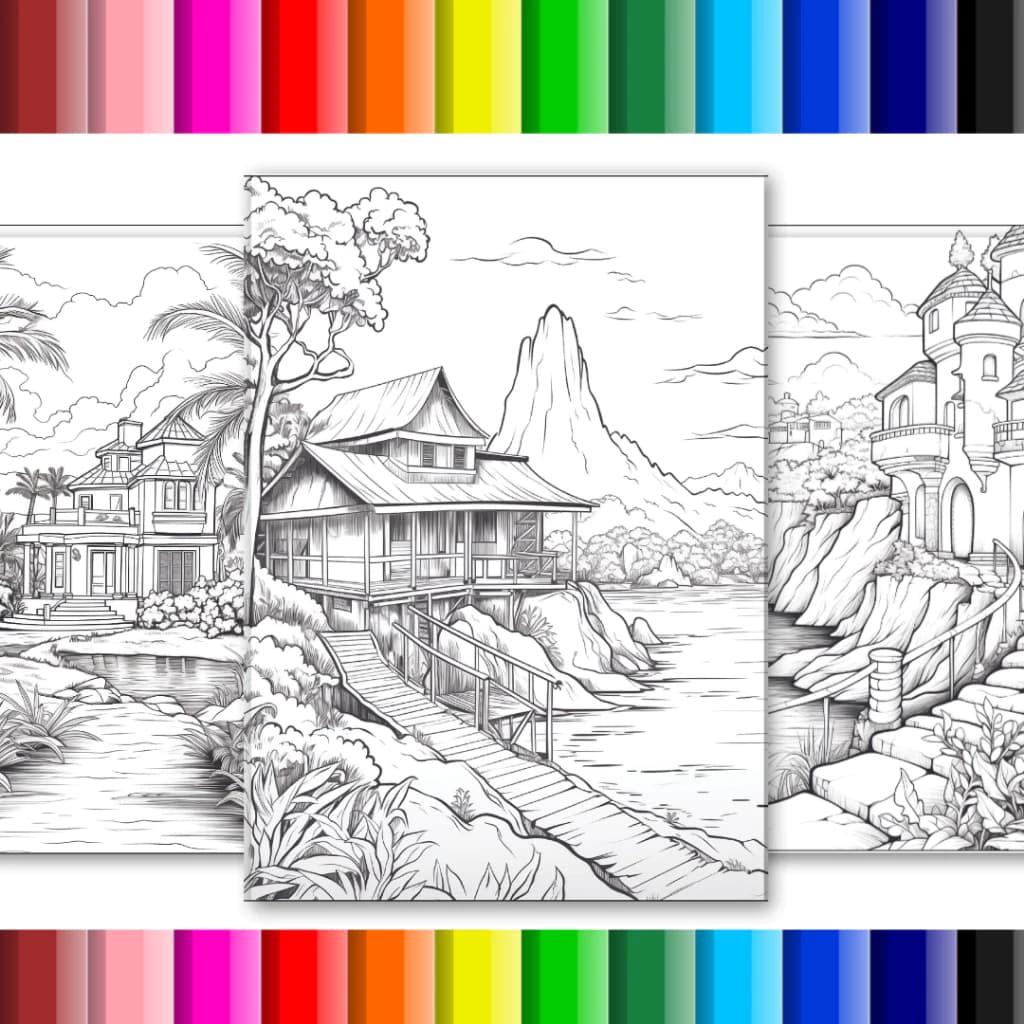 Kit 50 Desenhos para colorir Casas e paisagens em folhas soltas A4