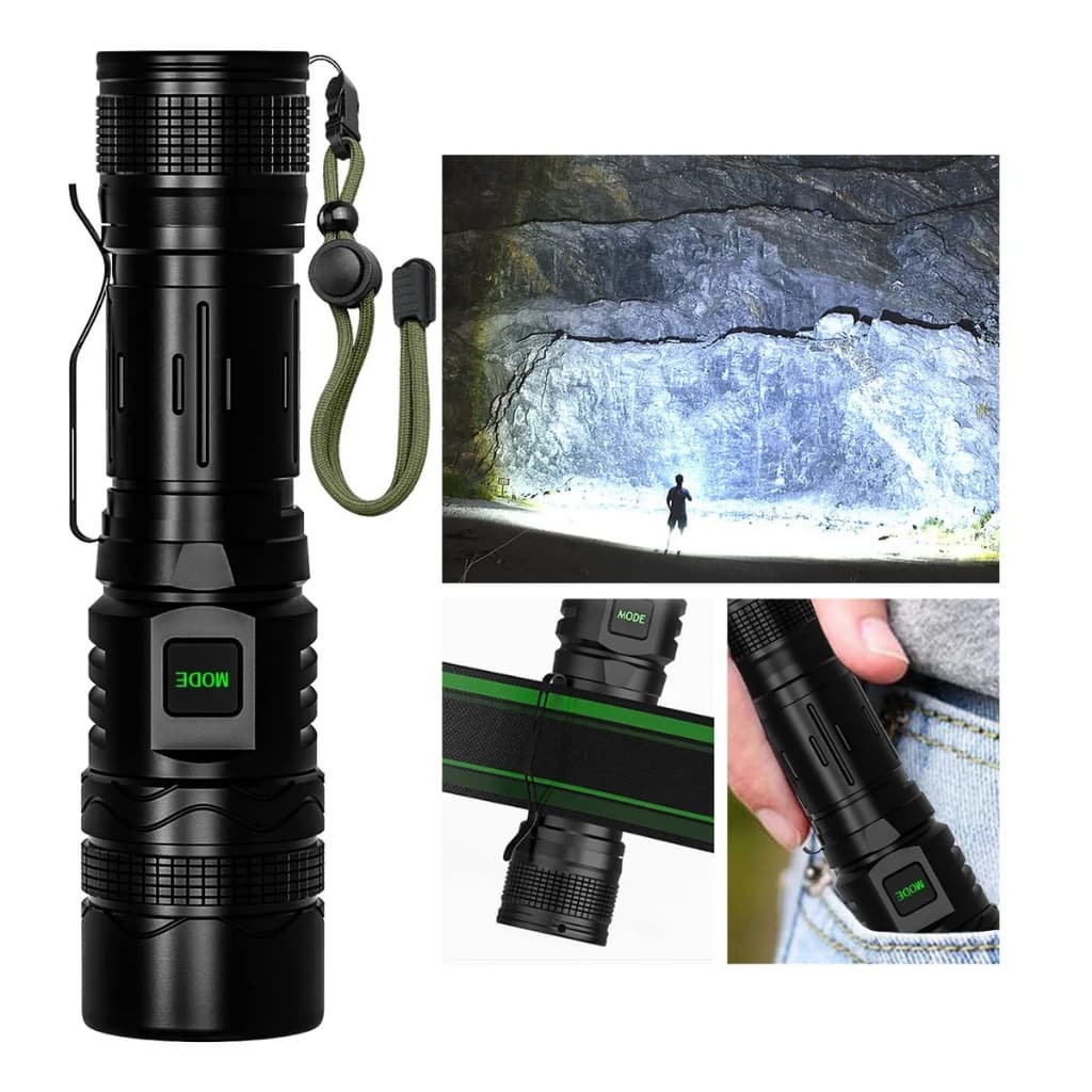 Lanterna Tática Led Recarregável, Super Potente Com Função De Zoom Ajustável, Ideal Para Camping|Caça|Profissional