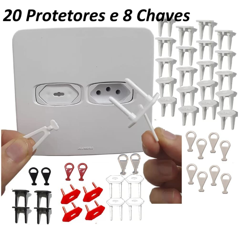 20 Protetores de Tomada + 8 Chaves Segurança Bebê Antichoque