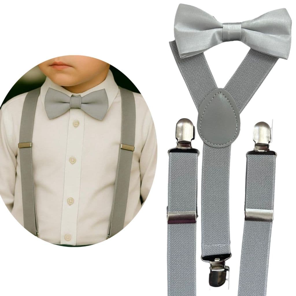 Conjunto Infantil Prata Cinza Clara Gravata Borboleta e Suspensorio Pajem Casamentos Eventos