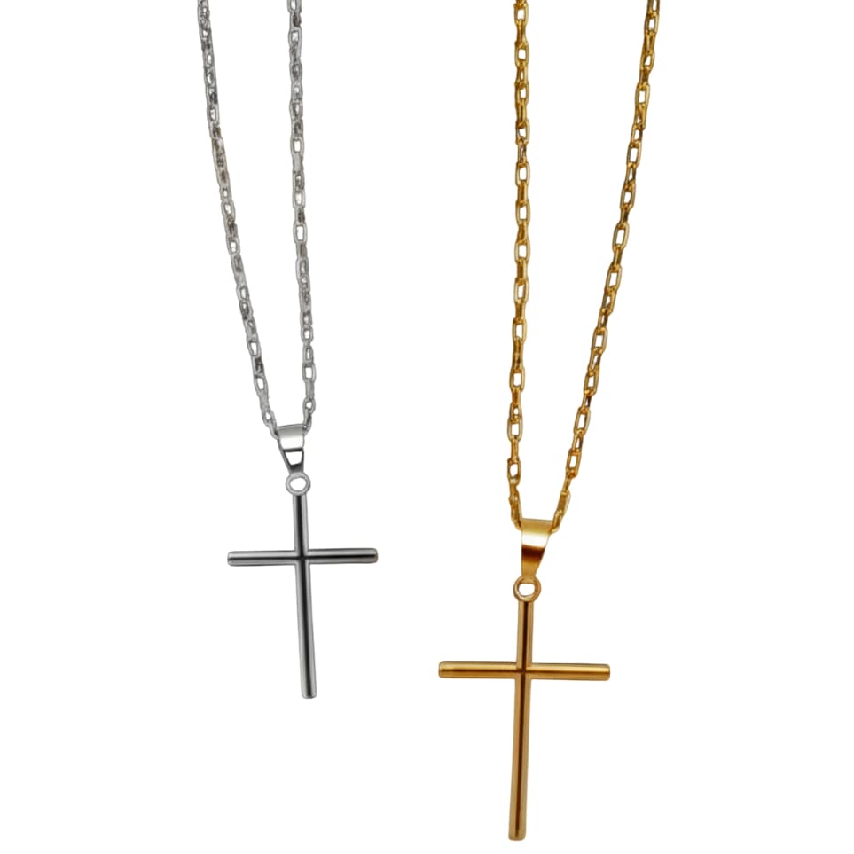 Colar Aço Inox com Pingente Cruz | Colar Religioso Estilo Crucifixo 60cm Dourado ou Prata