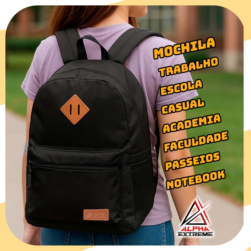Mochila Universitaria Escolar Alpha College Preta Material Resistente Bolso Frontal Alças Acolchoada