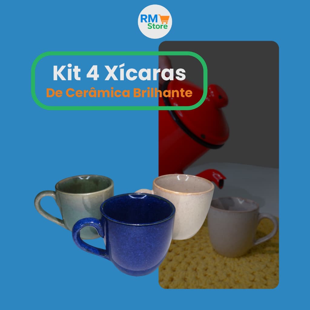 Kit 4 Xícaras de Cerâmica Brilhante 130ml – Brilho e Charme para Seu Café