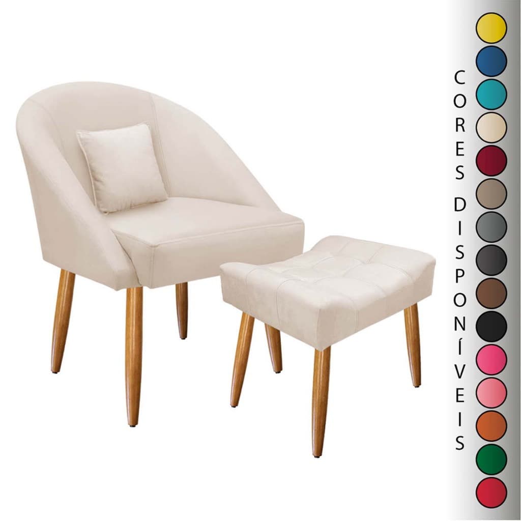 Poltrona para Sala Decorativa Lua com Almofadas e 01 Puff Requinte Pés Palito Suede Aninha Decor