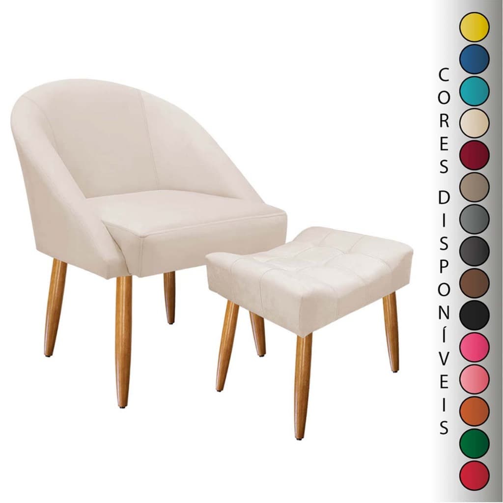 Kit 01 Poltrona Lua e 01 Puff Requinte Pés Palito 30 cm Suede Aninha Decor