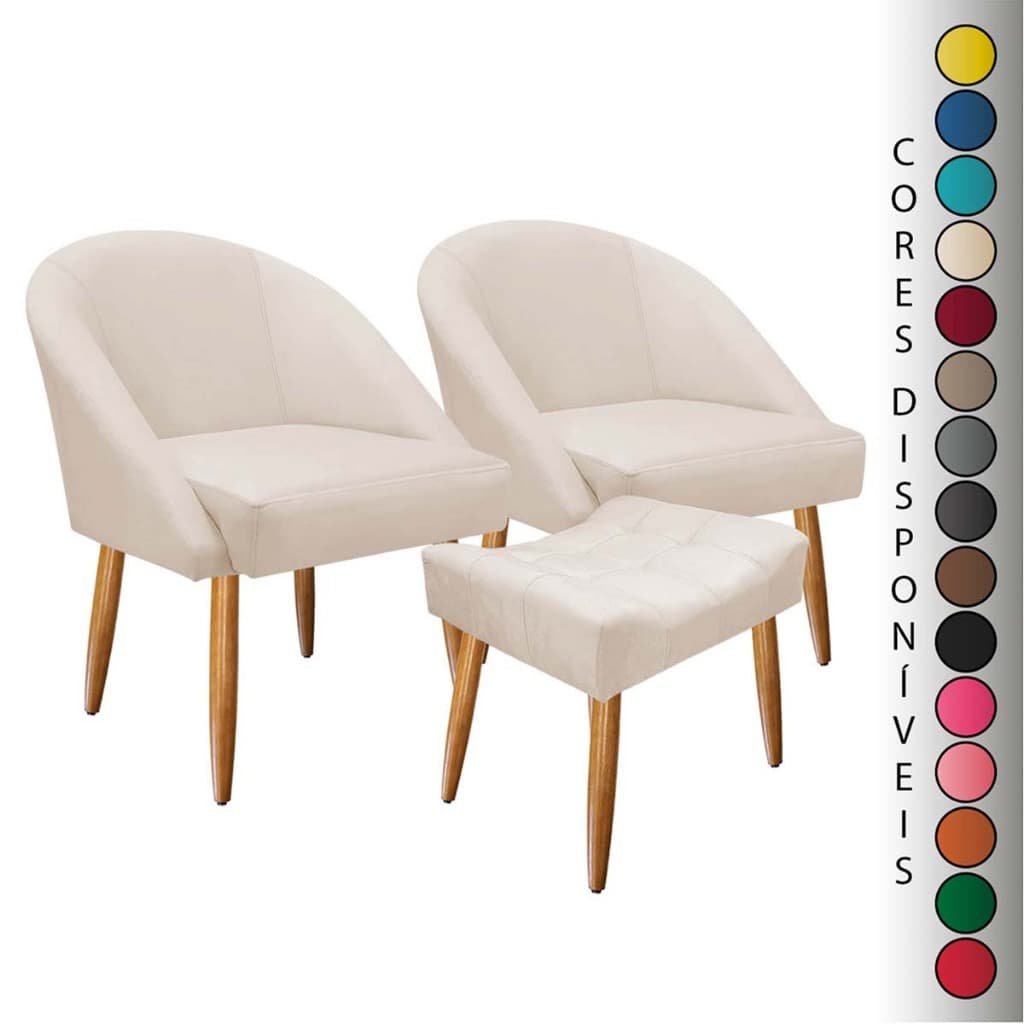 Kit 02 Poltronas para Sala Decorativa Lua e 01 Puff Requinte Pés Palito Suede Aninha Decor