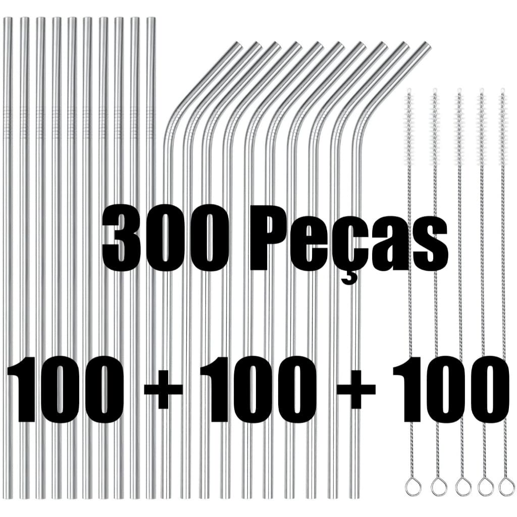 KIT COM 300 PEÇAS INOX (100 CANUDOS CURVADOS + 100 CANUDOS RETOS + 100 ESCOVINHAS)