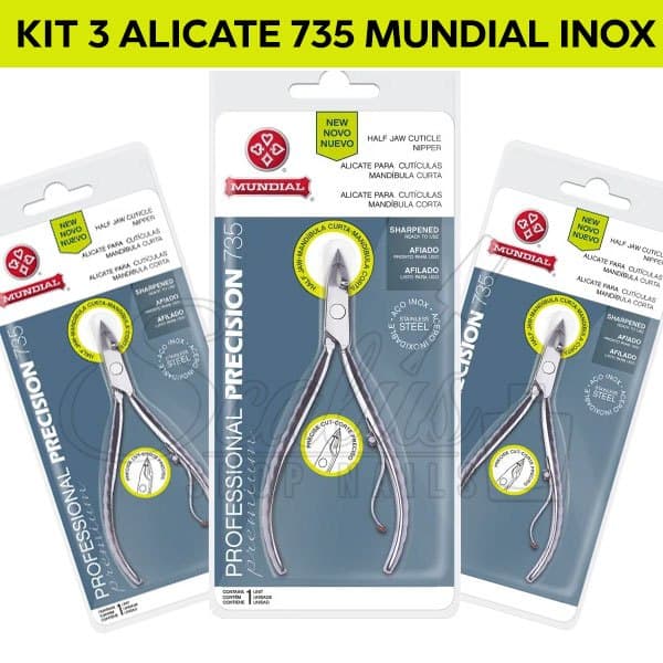 Kit 3 Alicate 735 Cutícula unha Mundial Profissional Lâmina curta