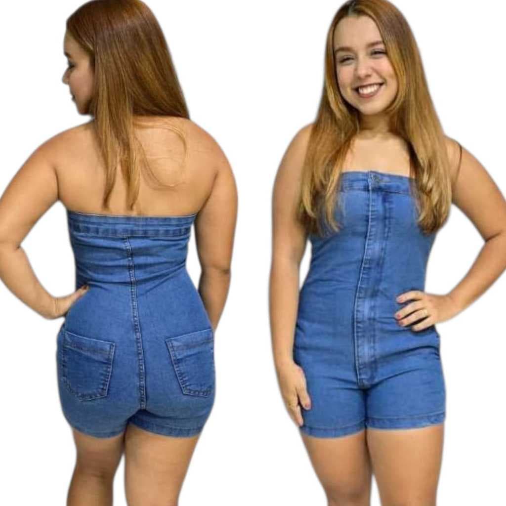 Macaquinho Jeans Tomara Que Caia com Zíper e Botão
