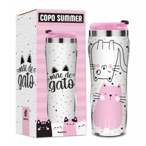 Copo Térmico Inox 350 ml “Mãe de Gato” Tampa Abre-Fecha