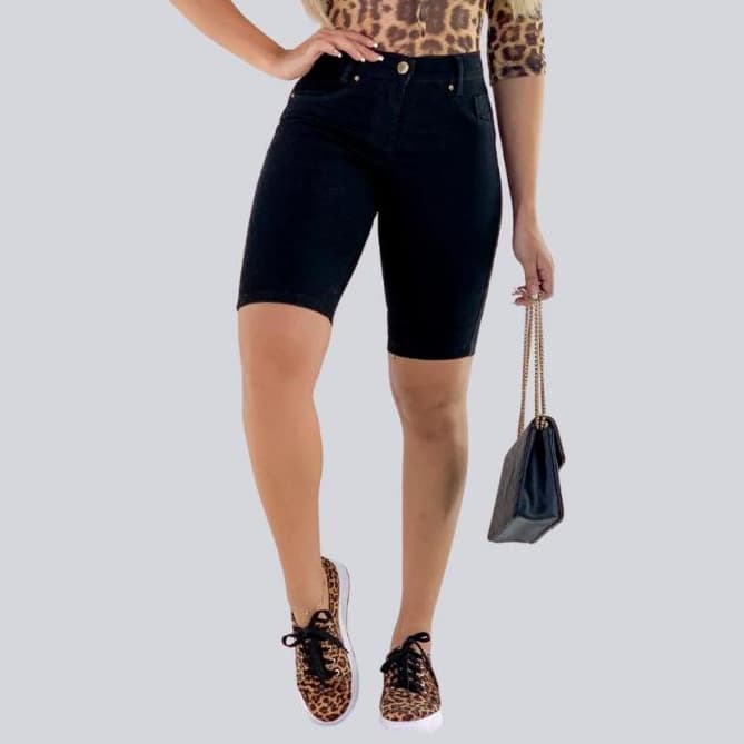 Bermuda Ciclista Jeans  Feminina Preta Com Lycra Cintura Alta Modelagem Empina Bumbum