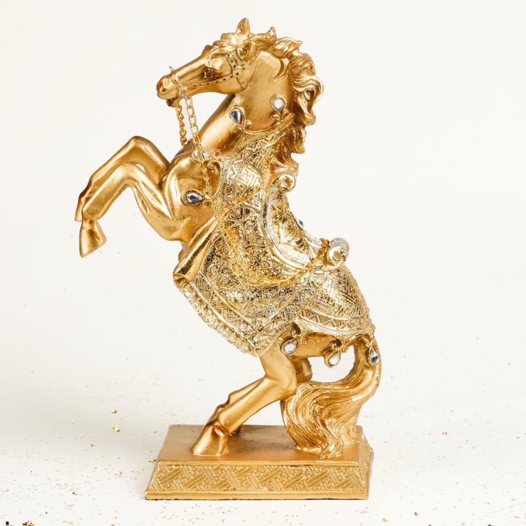 Estátua Escultura Árquetipo do Cavalo Enfeites Decorativo Dourado Símbolo Poder Sucesso 18cm e 23 cm
