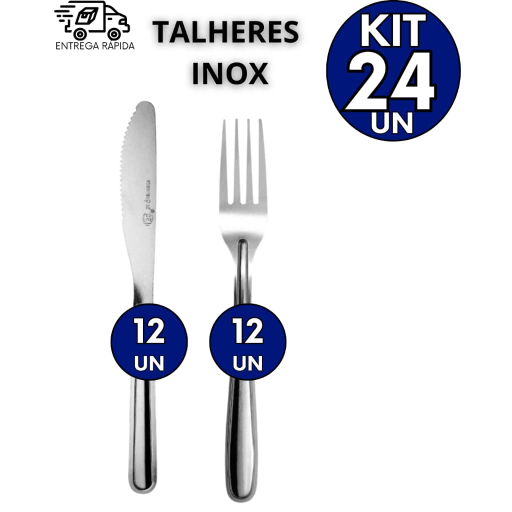 Kit 24 Talheres 100% Inox 12 Garfos 12 Facas Casa Cozinha Padaria Lanchonete Bar e Buffet