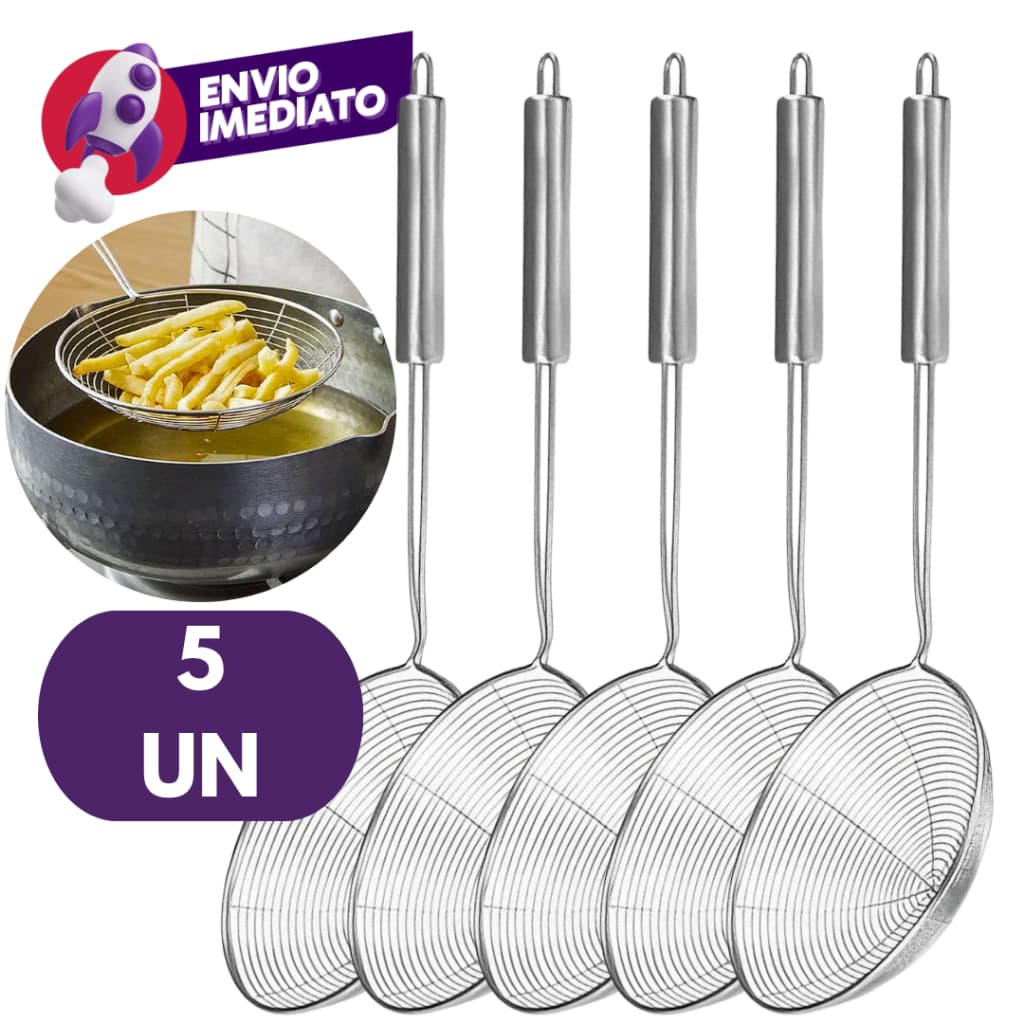 Kit Escumadeira Colher Aramada Redonda Com 2, 3 ou 5 Un Peneira Escumadeira Para Fritura Em Aço Inox