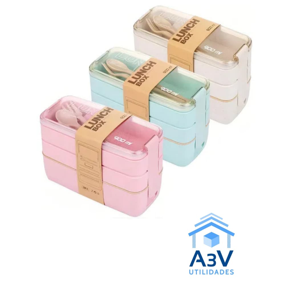 Marmita Fitness Lunch Box 900ml Divisórias 3x1/Pote Mantimento/Lancheira Ecológica com garfo e faca