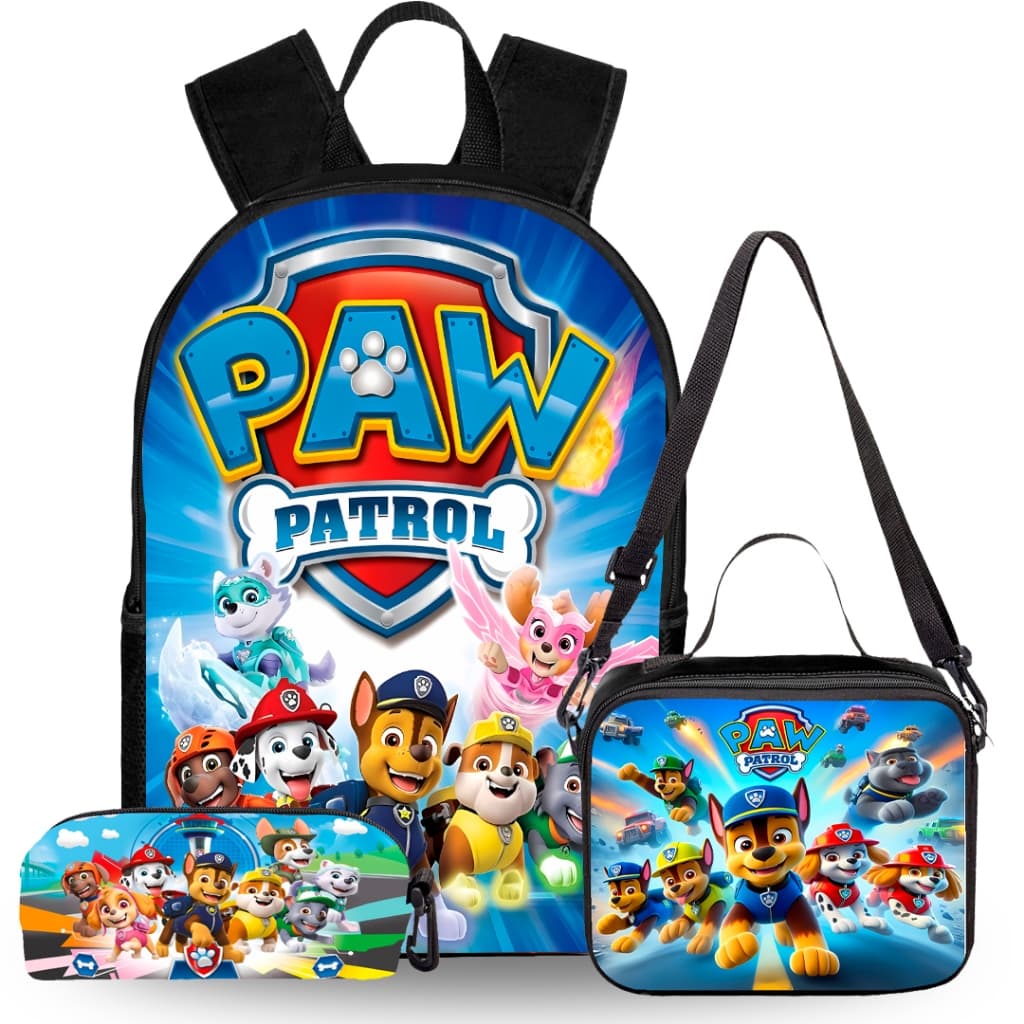 Kit Mochila Escolar Infantil Patrulha Canina com alças ajustáveis e costas acolchoadas.