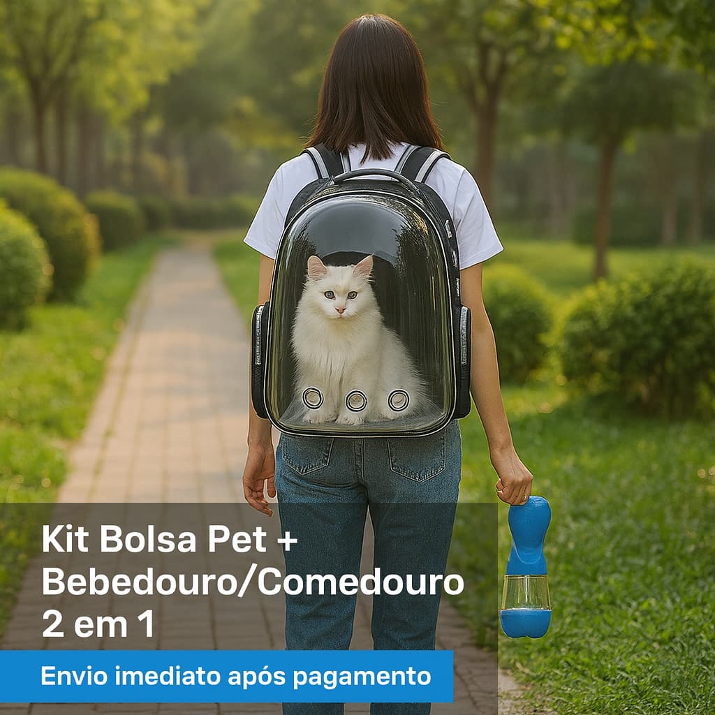 KIT MOCHILA PET GARRAFA PORTÁTIL 2 EM 1 BEBEDOURO COMEDOURO TRANSPORTE CÃO GATO PRATICIDADE MÁXIMA
