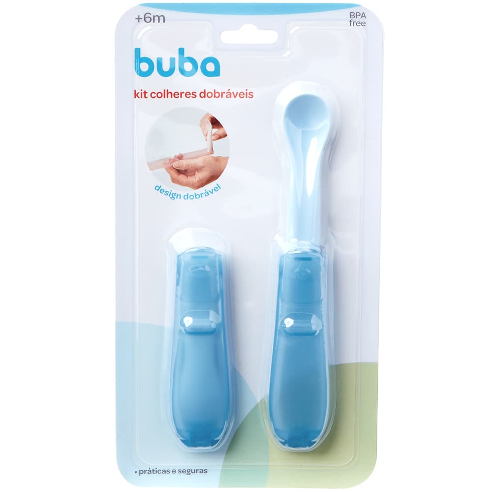 KIT 2 COLHERES DOBRÁVEIS INFANTIL BEBÊ AZUL BUBA