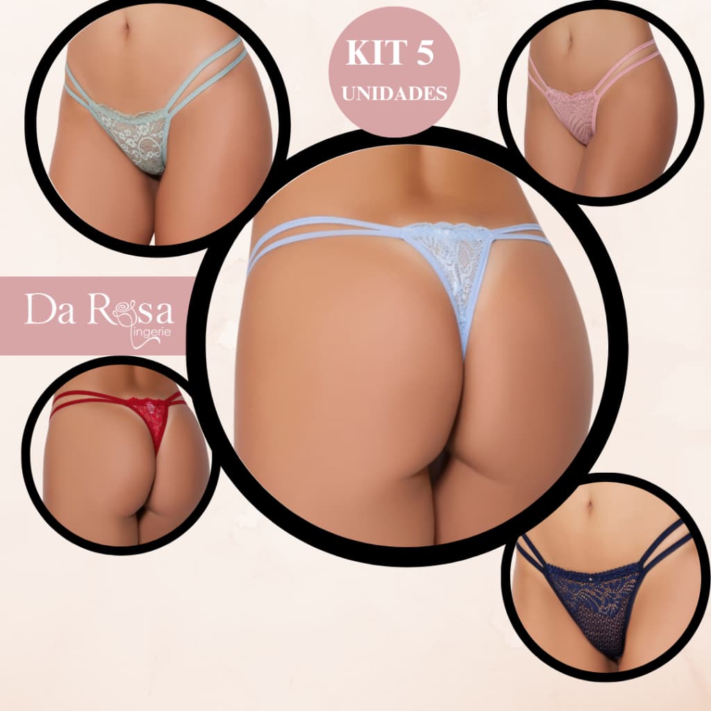 Kit Calcinha Fio Dental Tira Dupla Nanda com 5 unid. az.marinho, erva doce, frozen, rosê e rubi