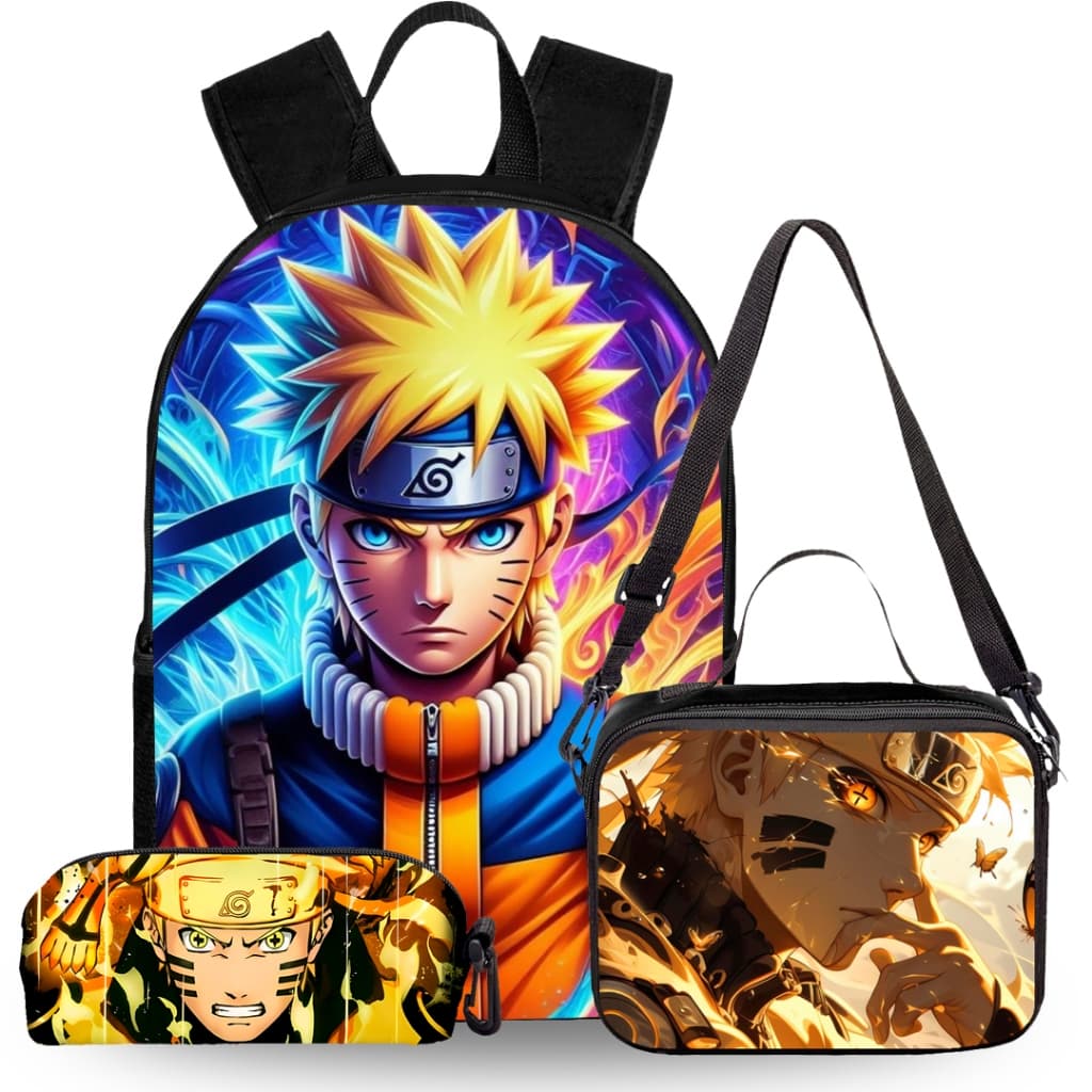 Kit Mochila Escolar Infantil Naruto Reforçada + Lancheira + Estojo com Costas Acolchoadas 25kg