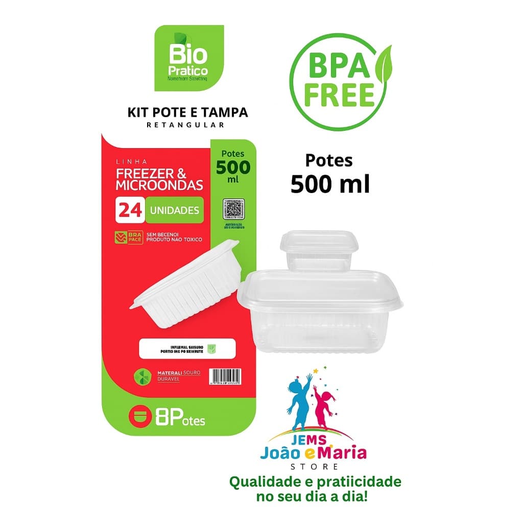 Potes Marmita 500ml com Tampa Kit 24 Unidades Fitness, BPA Free, Organizadores