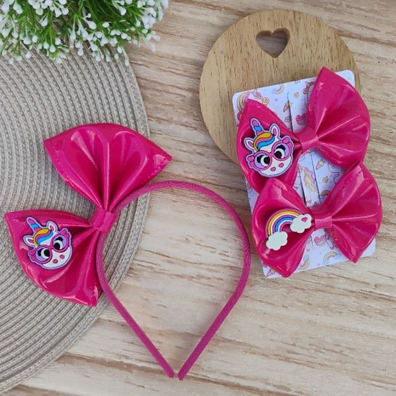 kit tiara em pé infantil + laço unicórnio/ kit tiara + laço lonita