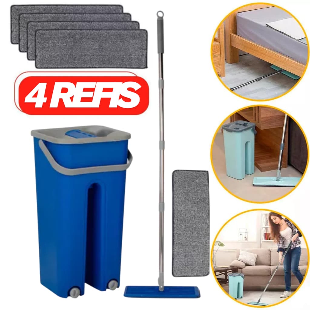Rodo Flat Mop com Balde Lava e Seca 5 Litros + 4 Refis Microfibra Piso Limpeza Giratório 360º