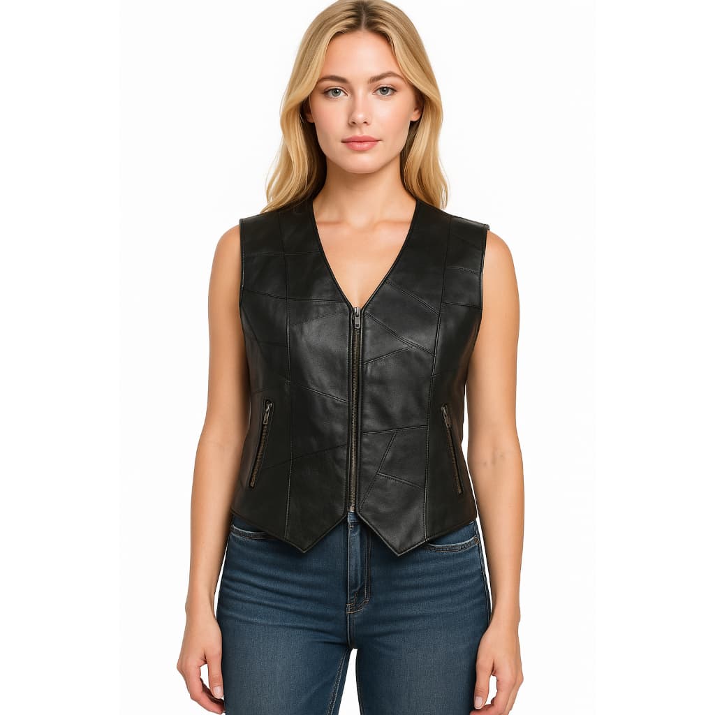 Colete De Couro Legitimo FCouros Feminino Lateral Fechada Patchwork Motociclista