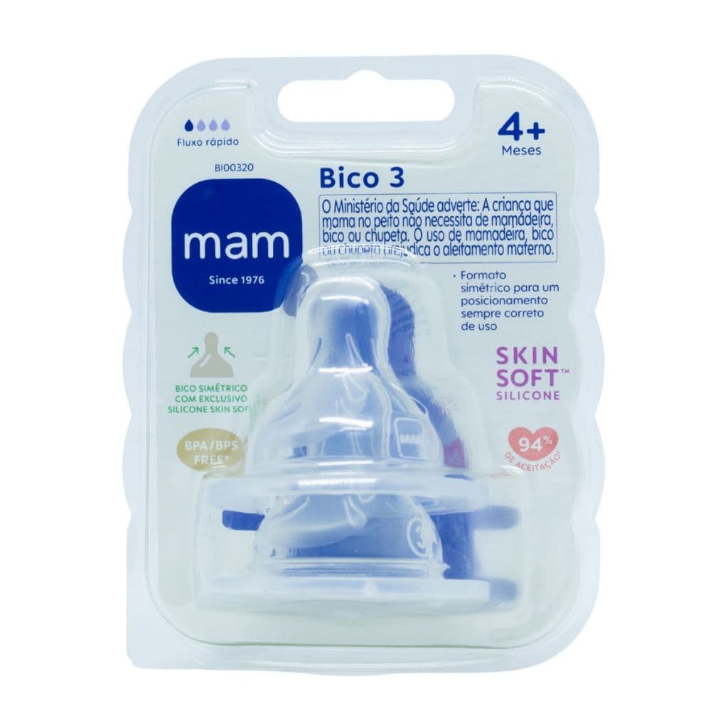 Kit 2 Bicos 3 Mamadeira Mam Fluxo Rápido 4+ Meses