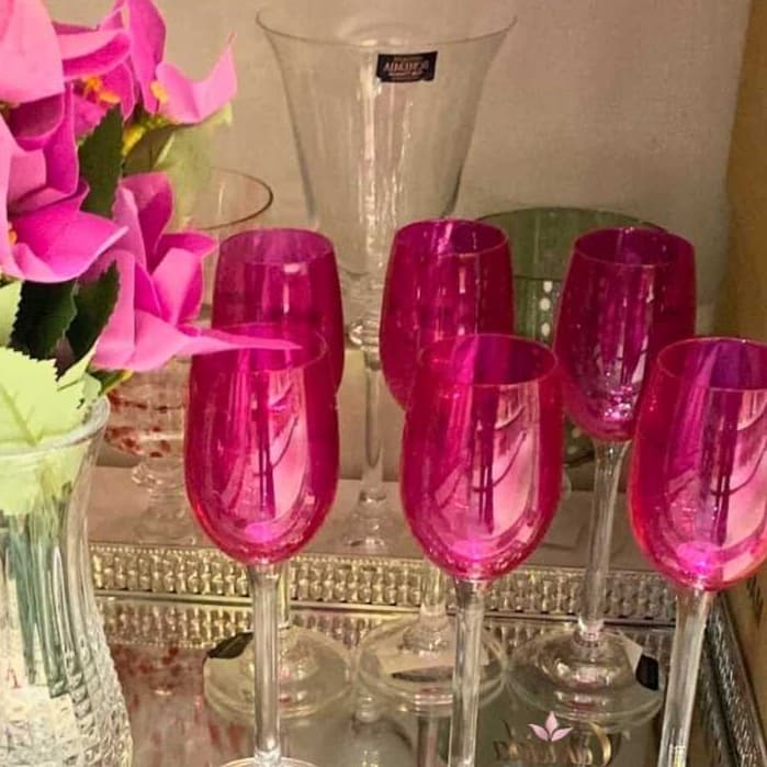 Jogo 6 Taças de Cristal Luxo Rosa Alto Brilho Para Licor 65 ml Colibr/ Gastro Bohemia