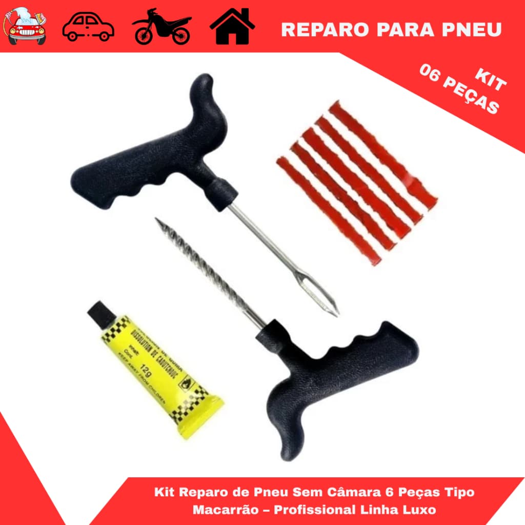 Kit Reparo de Pneu Sem Câmara 6 Peças Tipo Macarrão – Profissional Linha Luxo
