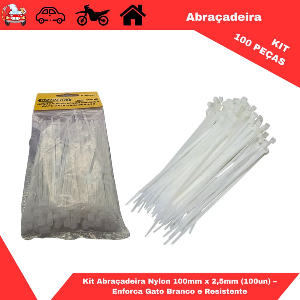Kit Abraçadeira Nylon 100mm x 2,5mm (100un) – Enforca Gato Branco e Resistente