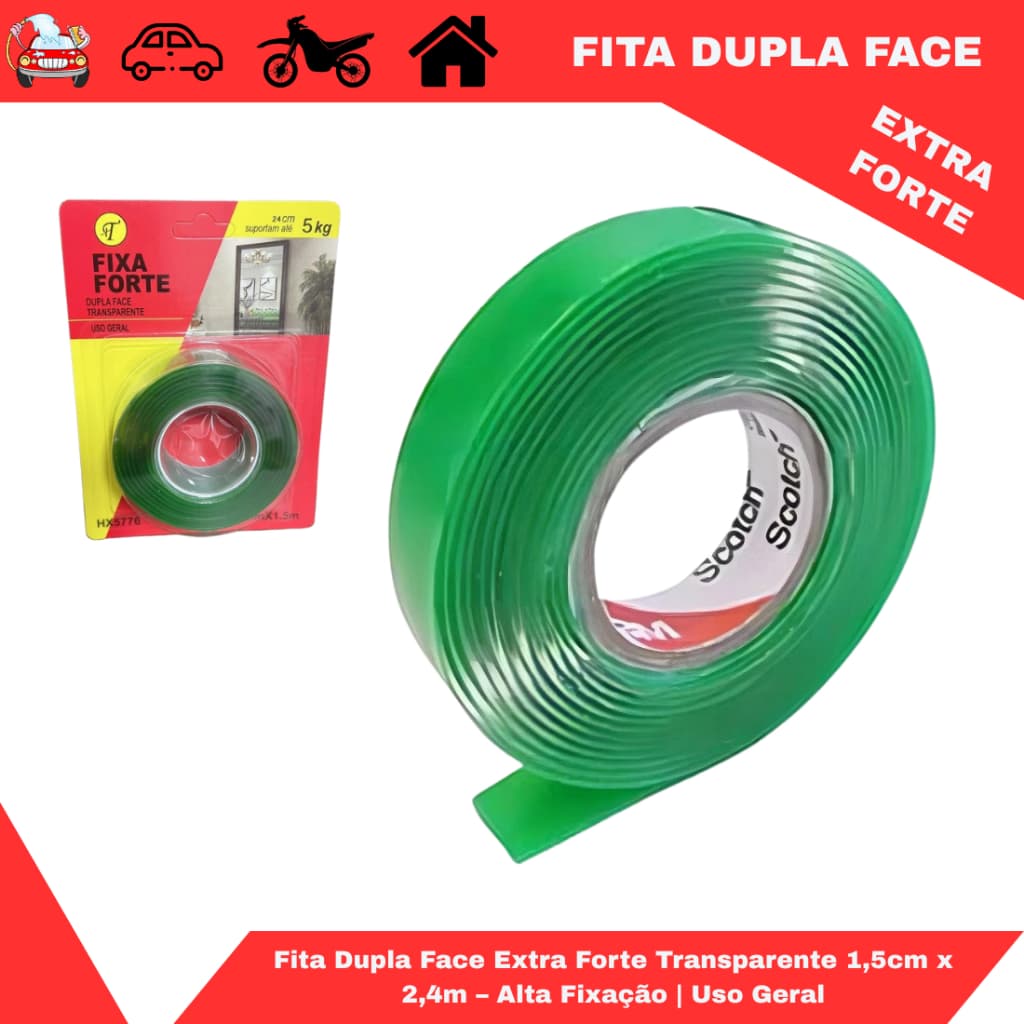 Fita Dupla Face Extra Forte Transparente 1,5cm x 2,4m – Alta Fixação | Uso Geral