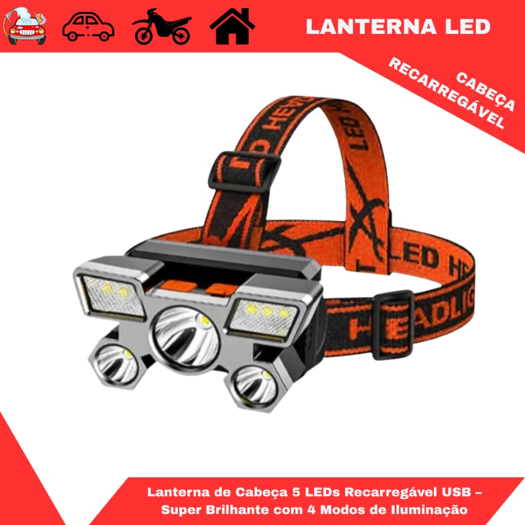 Lanterna de Cabeça 5 LEDs Recarregável USB – Super Brilhante com 4 Modos de Iluminação